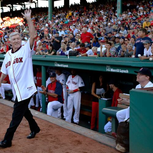 FILE - Former Boston Red Sox manager Joe Morgan waves to fans as he is honored prior to a baseball game between the Red Sox and the Seattle Mariners in Boston on July 30, 2013. (AP Photo/Elise Amendola, File)