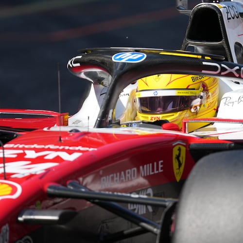 Ferrari driver Lewis Hamilton of Britain steers his car during qualifying session for the Spain F1 Grand Prix at the Barcelona Catalunya racetrack in Montmelo, near Barcelona, Spain, Saturday, June 13, 2026. (Manaure Quintero/Pool Photo via AP)