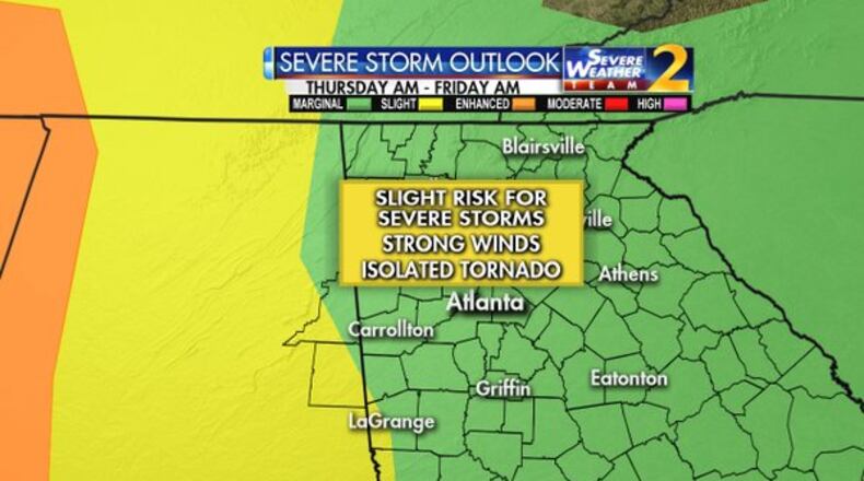 An updated severe storm risk shows the greatest risk moving in Thursday night into Friday. (Credit: Channel 2 Action News)