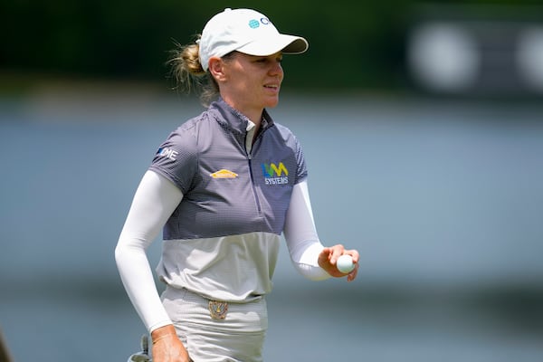 Sarah Schmelzel walks off the nineth green during the third round of the Chevron Championship LPGA golf tournament Saturday, April 26, 2025, in The Woodlands, Texas. (AP Photo/Ashley Landis)
