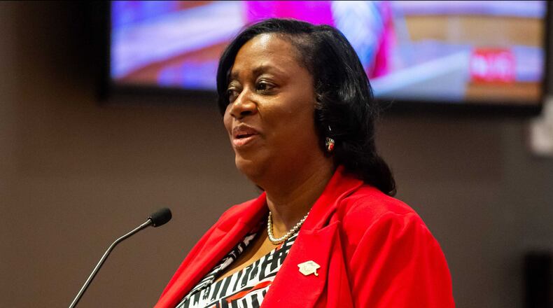 After the approval of a contract extension Tuesday night, interim Atlanta Public Schools Superintendent Danielle Battle will lead the school district through the end of the year. In this Jan. 8, 2024, photo, Battle attends the swearing-in ceremony for new APS board members at APS headquarters in downtown Atlanta. (Bita Honarvar for The Atlanta Journal-Constitution)