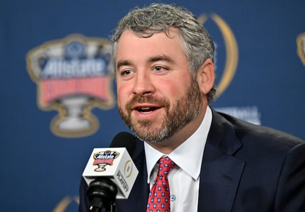 Pete Golding went from a cursing curiosity in the coaching ranks to taking on legendary status in Ole Miss football history Thursday night after his team took down the Georgia Bulldogs. (Hyosub Shin/AJC 2025)