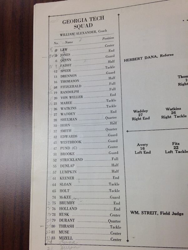 The Georgia Tech roster for the 1929 Rose Bowl. Future College Football Hall of Famer Peter Pund is listed in the middle, No. 47, a jersey now worn by freshman safety Jalen Johnson and walk-on linebacker Justin Bryan.