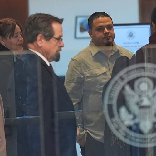 Kilmar Abrego Garcia arrives at the United States District Court District of Maryland, Monday, Dec. 22, 2025, in Greenbelt, Md. (AP Photo/Stephanie Scarbrough)