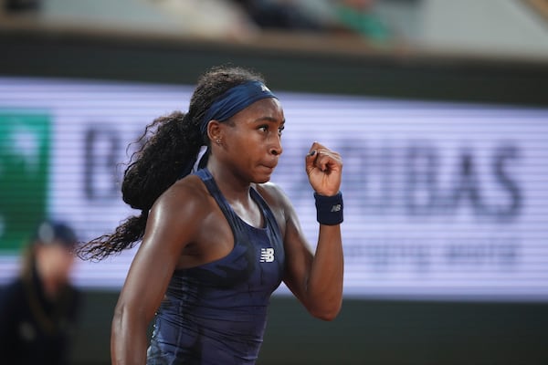 Coco Gauff of the U.S. reacts as she plays against France's Lois Boisson during their semifinal match of the French Tennis Open at the Roland-Garros stadium in Paris, Thursday, June 5, 2025. (AP Photo/Lindsey Wasson)