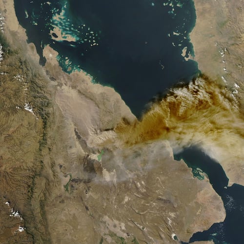 This satellite image released by NASA Worldview shows the Hayli Gubbi volcano in Ethiopia erupting on Nov. 23, 2025. (NASA Worldview via AP)