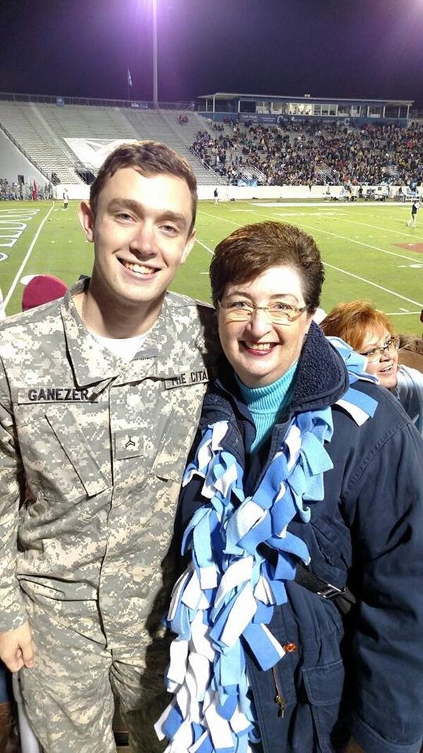 Dorie Griggs of Roswell with Cadet Josh Ganezer of Los Angeles. Griggs, who founded The Citadel Facebook community group, often corresponds with mothers of cadets and fills in when they can’t be there for their children. Once he arrived in South Carolina, she drove Ganezer to The Citadel campus to report on Matriculation Day. CONTRIBUTED