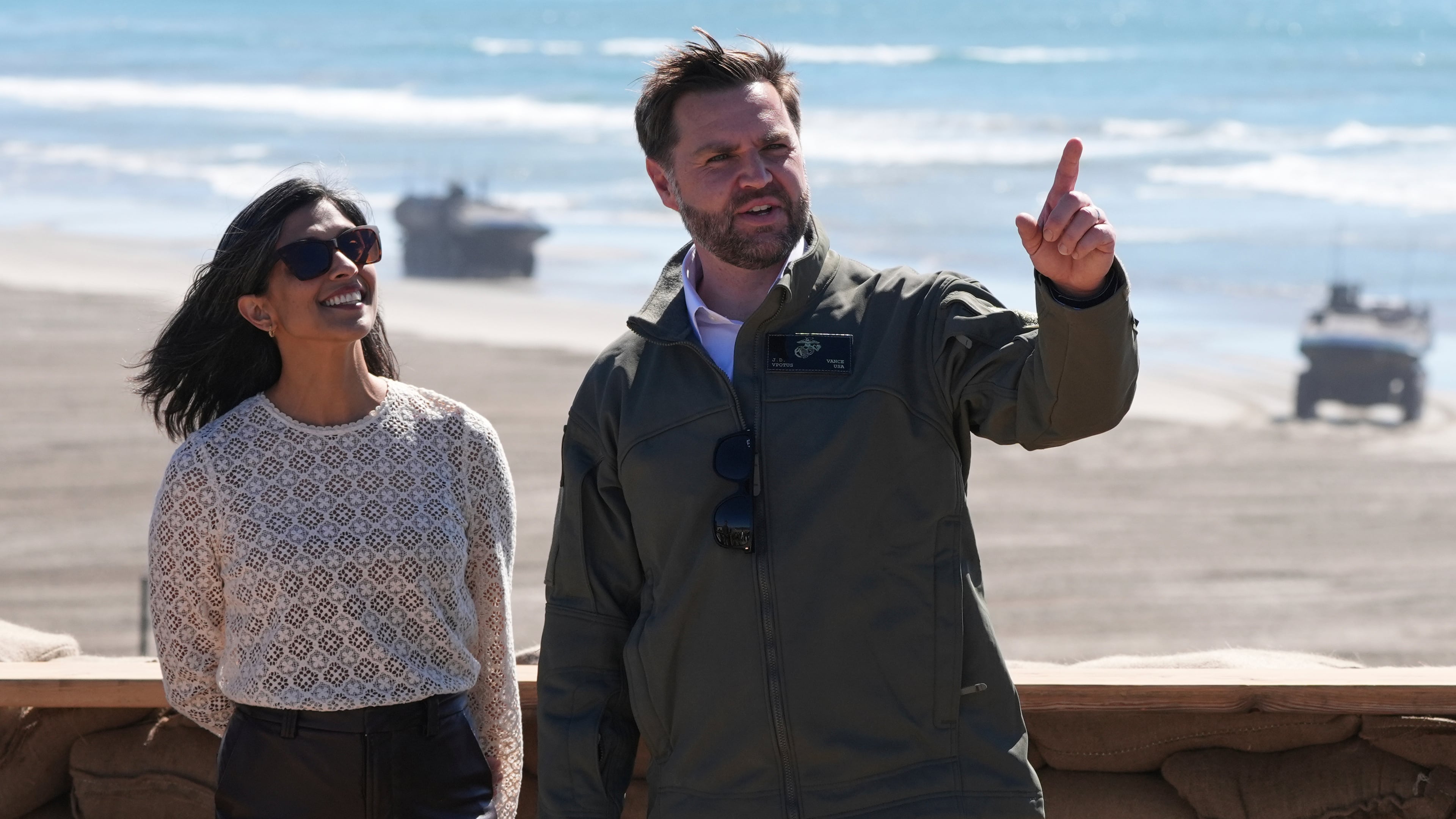 FILE - Vice President JD Vance, right, and second lady Usha Vance watch a demonstration by Marines during activities to mark the upcoming Marine Corps' 250th anniversary Saturday, Oct 18, 2025, on Marine Corps Base Camp Pendleton in Camp Pendleton, Calif. (AP Photo/Gregory Bull, File)