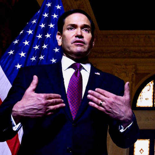 US Secretary of State Marco Rubio speaks during a press conference at the US Embassy in Rome, Friday, May 8, 2026. (Stefano Rellandini/Pool Photo via AP)