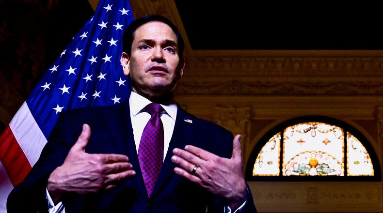 US Secretary of State Marco Rubio speaks during a press conference at the US Embassy in Rome, Friday, May 8, 2026. (Stefano Rellandini/Pool Photo via AP)