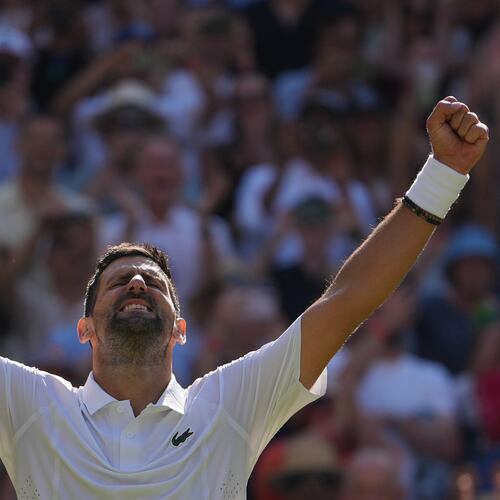 Novak Djokovic of Serbia celebrates his victory against Arthur Rinderknech of France in their third round men's singles match at the Wimbledon Tennis Championships in London, Friday, July 3, 2026. (AP Photo/Kin Cheung)