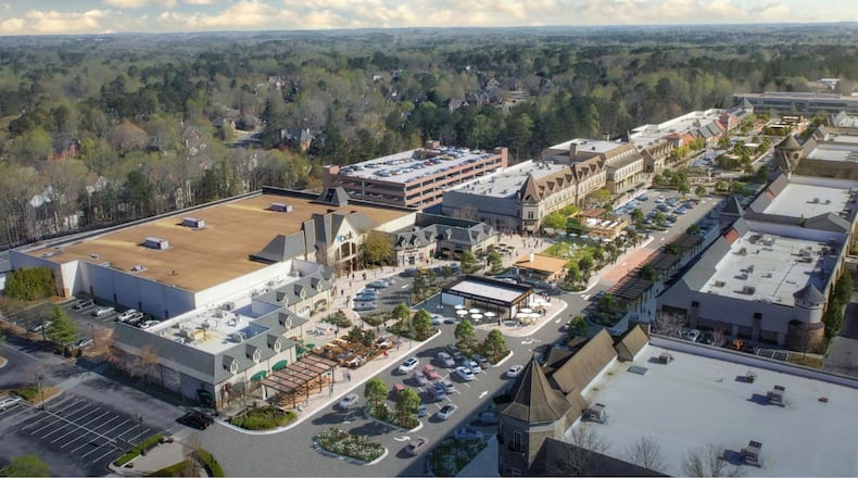North American Properties recently unveiled plans to add greenspace, restaurants and greenspace at The Forum in Peachtree. A parking deck in the space beside Belk along the back side of the property will replace lost parking. (Courtesy North American Properties)