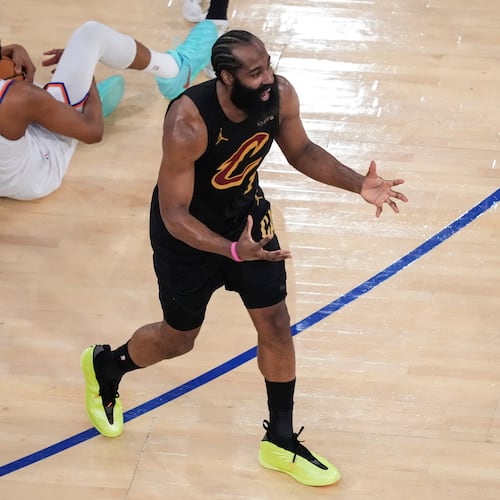 Cleveland Cavaliers guard James Harden (1) reacts after giving a foul to New York Knicks guard Mikal Bridges (25) during the second half of Game 1 in the Eastern Conference finals NBA basketball playoffs series Tuesday, May 19, 2026, in New York. (AP Photo/Yuki Iwamura)