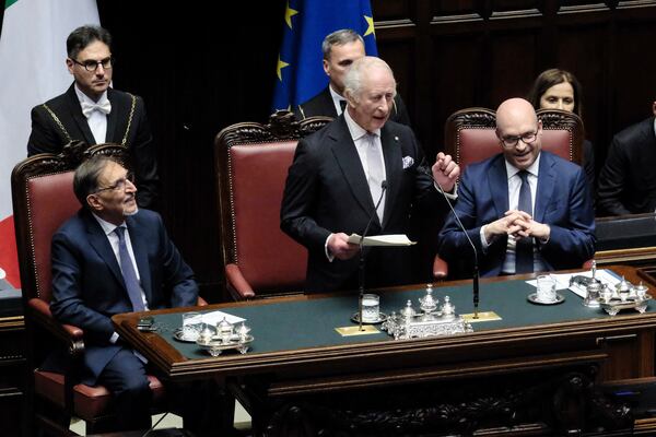 Britain's King Charles addresses the Italian Chamber of Deputies in Rome, Wednesday, April 9, 2025. (Mauro Scrobogna/LaPresse via AP)