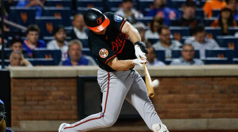 Baltimore Orioles Pete Alonso hits a solo home run during the first inning of a baseball game against the New York Mets, Wednesday, Sept. 16, 2026, in New York. (AP Photo/Eduardo Munoz Alvarez)