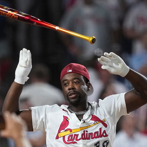 St. Louis Cardinals' Jordan Walker tosses the bat as he wins the MLB baseball All-Star Home Run Derby, Monday, July 13, 2026, in Philadelphia. (AP Photo/Matt Slocum)