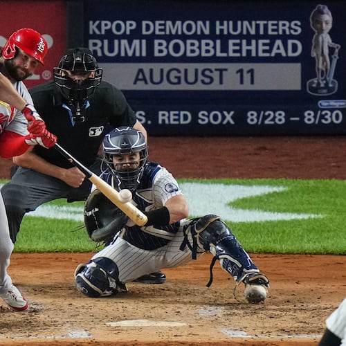 St. Louis Cardinals' Alec Burleson hits a two-run home run during the fourth inning of a baseball game against the New York Yankees Monday, Aug. 3, 2026, in New York. (AP Photo/Frank Franklin II)