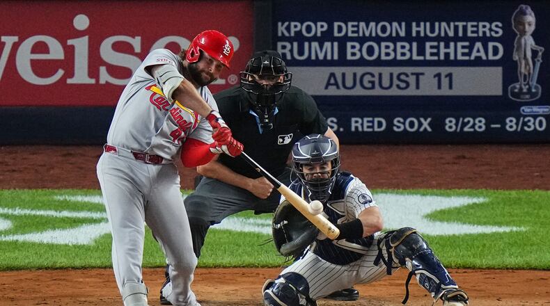 St. Louis Cardinals' Alec Burleson hits a two-run home run during the fourth inning of a baseball game against the New York Yankees Monday, Aug. 3, 2026, in New York. (AP Photo/Frank Franklin II)
