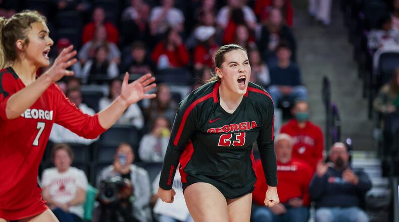 Georgia outside hitter Kacie Evans (23) recorded 26 kills -- her second-highest total this season -- to lead the Bulldogs to a four-set victory over Towson on Thursday night in Austin, Texas.  It was the Bulldogs' first NCAA tournament victory since 1995. (Photo by Tony Walsh/UGA Athletics)