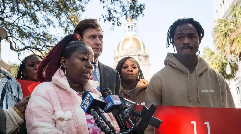 Dorothy Lee, sister of Saudi Lee, speaks at a press conference, on December 4, 2024, in Savannah, GA. Saudi Lee, was fatally shot by former Savannah Police Officer Ernest Ferguson on June 24, 2022.(Courtesy of Justin Taylor/The Current GA)