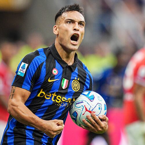 Inter's Lautaro Martinez celebrates after scoring his team's first goal during the Serie A soccer match between Inter and Napoli at the San Siro Stadium in Milan, Italy, Saturday, Sept. 5, 2026. (Marco Alpozzi/LaPresse via AP)