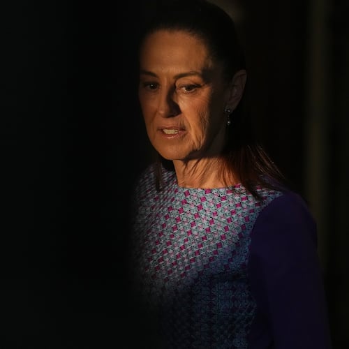 Mexican President Claudia Sheinbaum arrives at the National Palace to give her daily morning press conference in Mexico City, Thursday, April 30, 2026. (AP Photo/Fernando Llano)