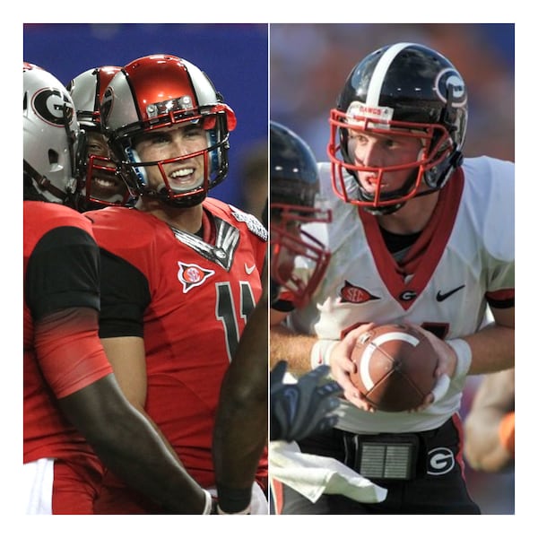 Georgia quarterbacks Aaron Murray (left, 2011) and Joe Cox (2009) sport some of the school's more questionable alternate uniforms. (Jason Getz and Brant Sanderlin/AJC)