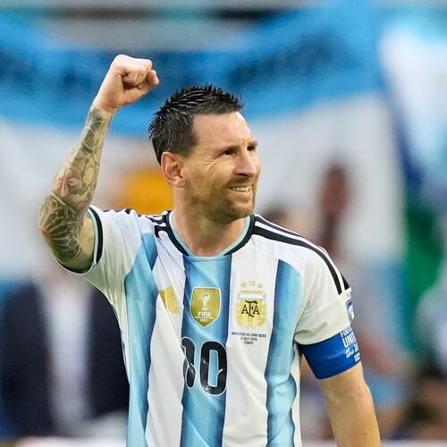 Argentina's Lionel Messi celebrates scoring his side's opening goal against Cape Verde during the World Cup round of 32 soccer match in Miami Gardens, Fla., Friday, July 3, 2026. (AP Photo/Rebecca Blackwell)