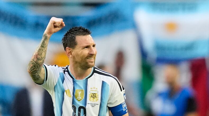 Argentina's Lionel Messi celebrates scoring his side's opening goal against Cape Verde during the World Cup round of 32 soccer match in Miami Gardens, Fla., Friday, July 3, 2026. (AP Photo/Rebecca Blackwell)