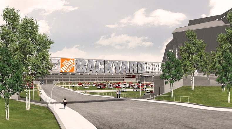 A rendering of the 13-acre Home Depot Backyard, a park that will be constructed on a portion of the site currently occupied by the Georgia Dome.
