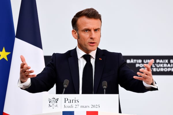 French President Emmanuel Macron delivers a speech after the so-called Coalition of the willing summit at the Elysee Palace, Thursday, March 27, 2025 in Paris. (Ludovic Marin, Pool via AP)