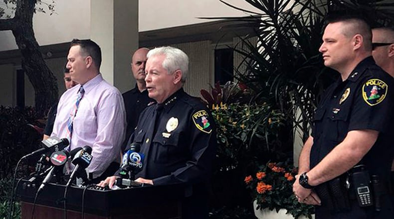 Jupiter, Fla., Police Chief Daniel Kerr speaks during a news conference Friday, Feb. 22, 2019, in Jupiter, Fla., where they announced that they have charged New England Patriots owner Robert Kraft with misdemeanor solicitation of prostitution. (Olivia Hitchcock/Palm Beach Post via AP)