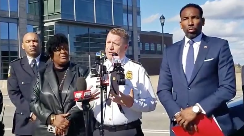 Atlanta police Chief Darin Schierbaum, joined by Mayor Andre Dickens (right), discusses a shooting that occurred Saturday night in which a 12-year-old was killed.