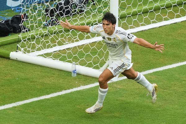 Real Madrid's Gonzalo Garcia (30) celebrates after scoring his side's opening goal during the Club World Cup round of 16 soccer match between Real Madrid and Juventus in Miami Gardens, Fla., Tuesday, July 1, 2025. (AP Photo/Marta Lavandier)