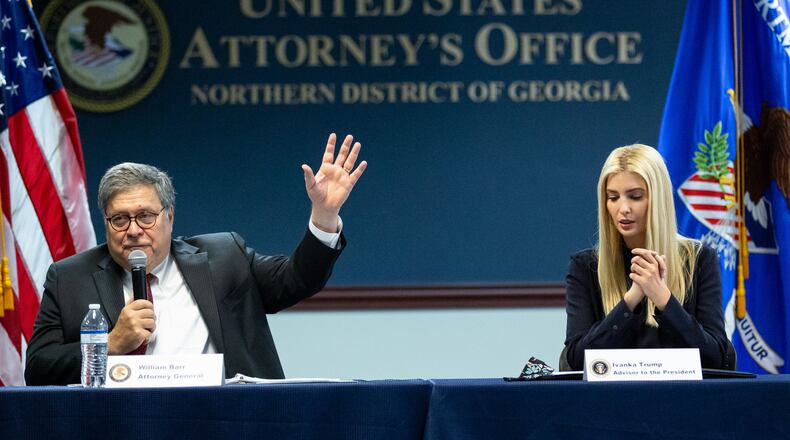 U.S. Attorney General William Barr and Ivanka Trump announce more than $100 million in federal grants aimed at stamping out human trafficking nationwide during a visit Monday to Atlanta.  STEVE SCHAEFER / SPECIAL TO THE AJC