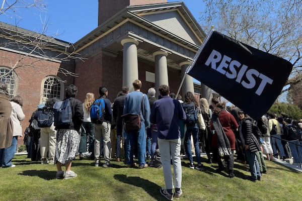 Students, faculty and members of the Harvard University community rally, Thursday, April 17, 2025, in Cambridge, Mass. (AP Photo)