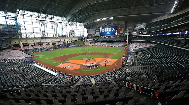 The Atlanta Braves prepare to play the Miami Marlins in Game 1 of the National League Division Series Tuesday, Oct. 6, 2020, at Minute Maid Park in Houston. (Curtis Compton / Curtis.Compton@ajc.com)