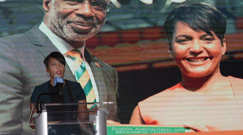 Atlanta Mayor Keisha Lance Bottoms speaks at a recruiting meeting at The Gathering Spot on Oct. 23, 2019 in Atlanta for Florida A&M University. Bottoms graduated from the university in 1991. JOHNNY CRAWFORD