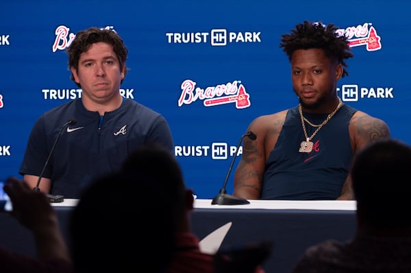 Atlanta Braves Ronald Acuña Jr. and Director of Baseball Player Relations Franco García speak with the media before a baseball game against the Washington Nationals, Wednesday, May 14, 2025 in Atlanta. (AP Photo/Kathryn Skeean)