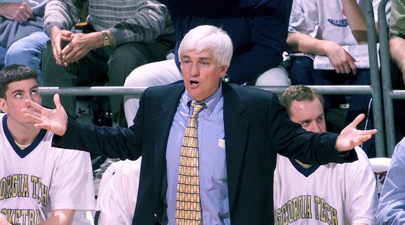 Georgia Tech coach Bobby Cremins gestures to his players during the first half against Florida State Monday, Feb. 21, 2000, in Tallahassee, Fla. It was Cremins' last appearance in Tallahassee as head coach of the Yellow Jackets. He is stepping down at the end of the season. (AP Photo/Phil Coale)