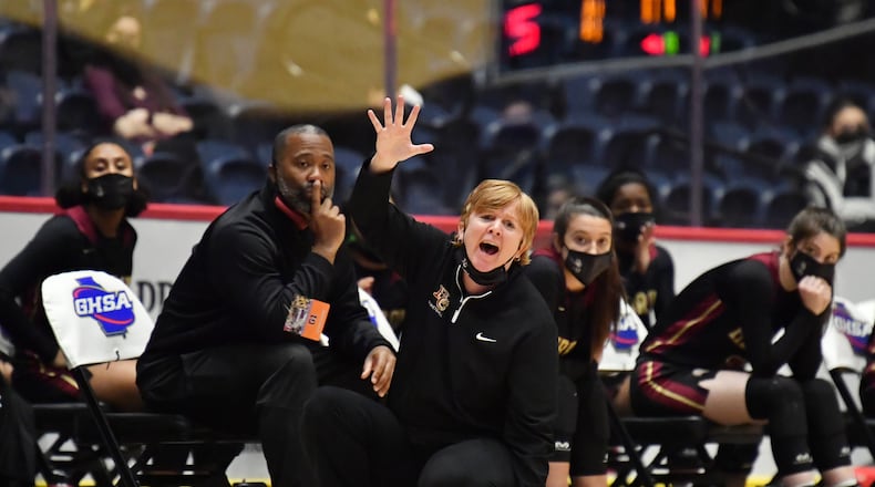 Hebron Christian's head coach Jan Azar shouts instructions during the Class A Private girls championship game Wednesday, March 10, 2021, at the Macon Centreplex in Macon. The Gwinnett school won the state title in overtime over St Francis. (Hyosub Shin / Hyosub.Shin@ajc.com)