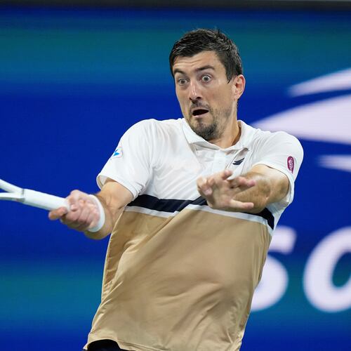 FILE - Sebastian Ofner, of Austria, returns a shot to Casper Ruud, of Norway, during the first round of the U.S. Open tennis championships, Monday, Aug. 25, 2025, in New York. (AP Photo/Frank Franklin II, file)