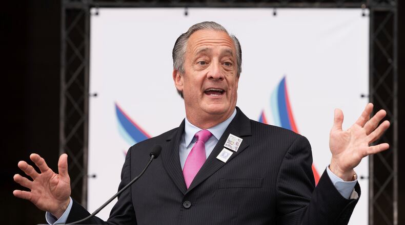 FILE - Postmaster General David Steiner speaks at an event marking the 250th anniversary of postal service's founding, July 23, 2025, in Washington. (AP Photo/Cliff Owen, File)