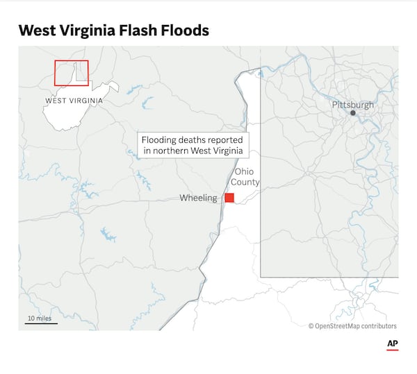 The map above shows the general location of flash flooding in northern West Virginia. (AP Graphic)