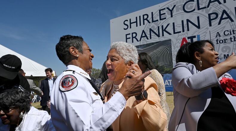 Former Atlanta mayor Shirley Franklin is congratulated by CAU Police Chief Debra Williams (left) during unveiling of Shirley Clarke Franklin Park event, Thursday, March 28, 2025, in Atlanta. The city’s 58th mayor was officially honored with the unveiling of Shirley Clarke Franklin Boulevard on a portion of Central Avenue SW, and the renaming of Westside Reservoir Park to Shirley Clarke Franklin Park. (Hyosub Shin / AJC)