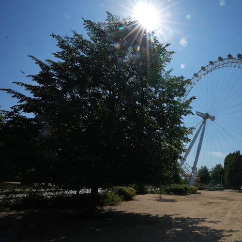 A woman shades under an umbrella as she walks past the London Eye during the fifth heatwave of the year in London, Thursday, Aug. 13, 2026. (AP Photo/Kirsty Wigglesworth)