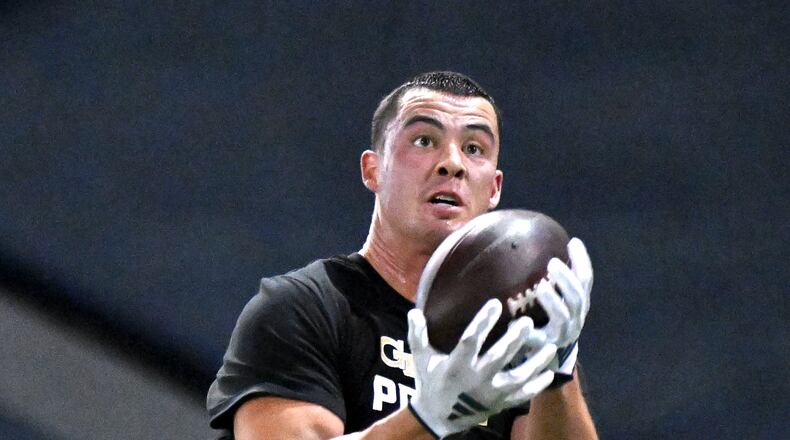 Georgia Tech tight end Dylan Leonard makes a catch during Georgia Tech Pro Day at Georgia Tech football's indoor practice facility, Friday, March 15, 2024, in Atlanta. (Hyosub Shin / Hyosub.Shin@ajc.com)