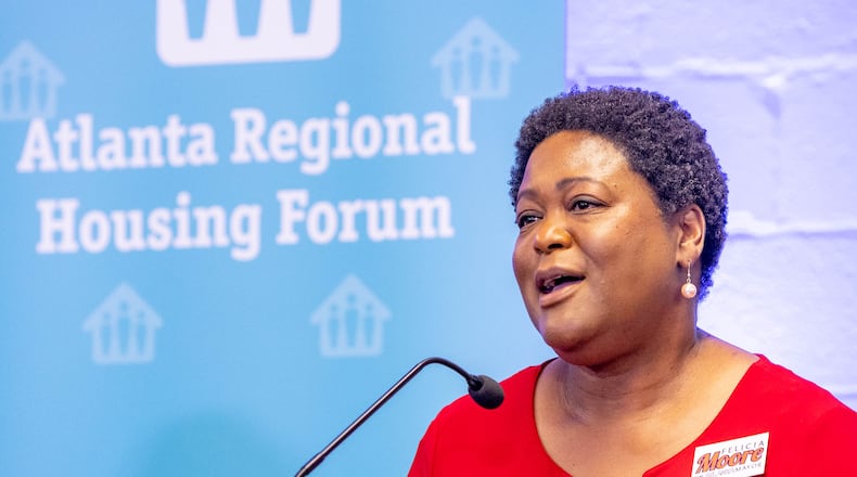 Felicia Moore participates in the Atlanta Regional Mayoral Forum, centered around Atlanta's housing challenges and took place in two parts. (Jenni Girtman for The Atlanta Journal-Constitution)