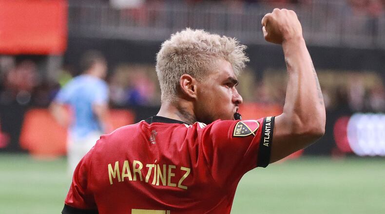 Nov 11, 2018 Atlanta: Atlanta United forward Josef Martinez pumps his fist after scoring his first of two goals against New York City during their MLS Eastern Conference Semifinal playoff match on Sunday, Nov. 11, 2018, in Atlanta. Curtis Compton/ccompton@ajc.com