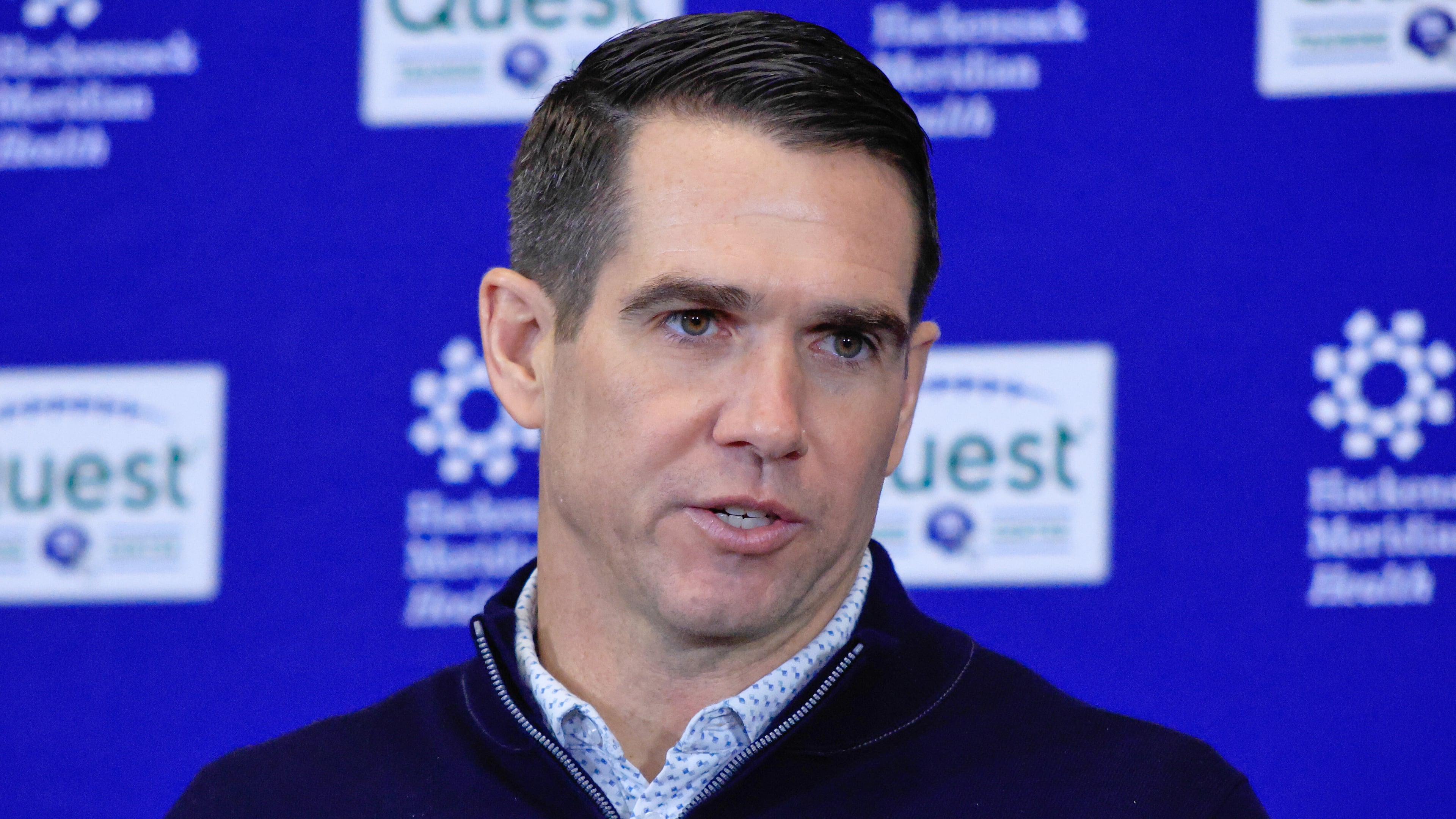 Joe Schoen, senior vice president and general manager of the New York Giants, speaks during an NFL football press conference, Tuesday, Dec. 2, 2025, in East Rutherford, N.J. (AP Photo/Kena Betancur)